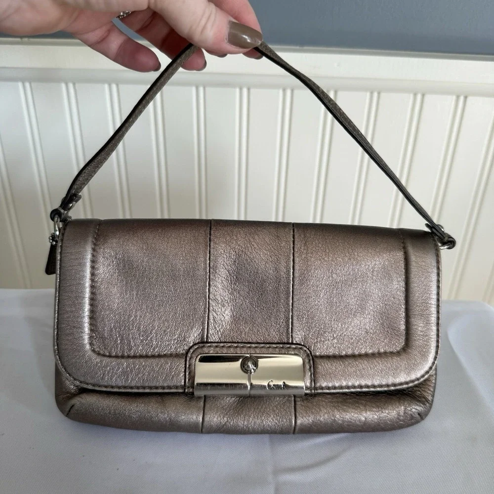 COACH KRISTIN Soft Pebbled Leather Silver Metallic Wristlet Top Handle Mini Bag